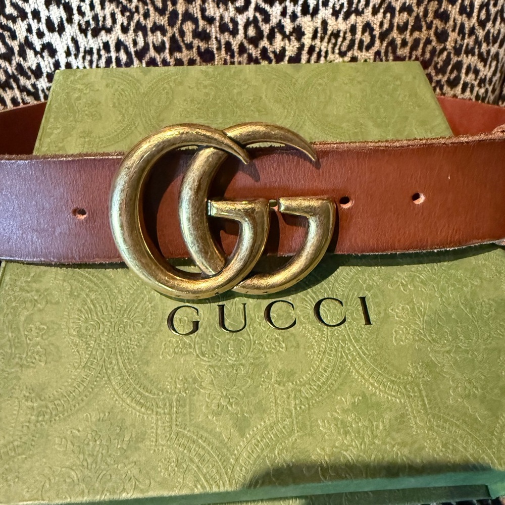 Gucci GG Marmont Brown Leather Double G Belt Size 85 - Picture 3 of 4
